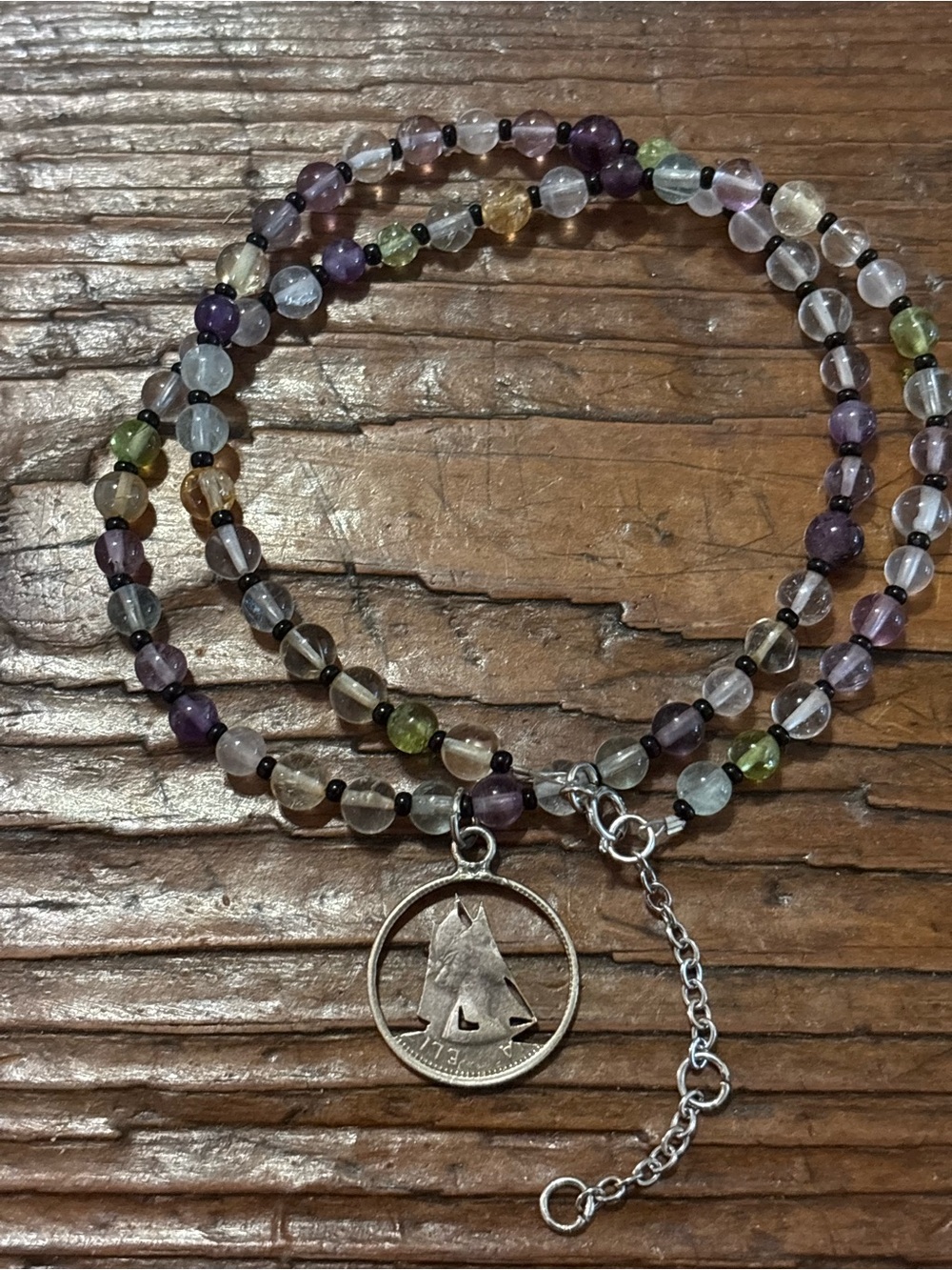 Multi-Color Beaded Wrap Necklace with Silver Coin Charm